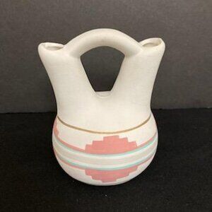 Vtg Tesa Hand Painted Clay Pottery Wedding Vase Southwestern 3.5"